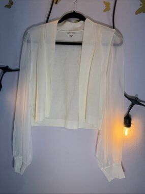 Calvin Klein Ivory Sheer-Sleeve Cropped Cardigan